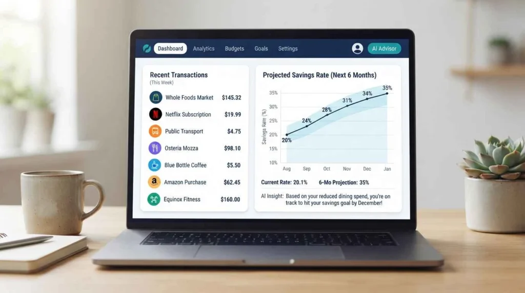 Laptop showing an AI personal finance dashboard with categorized transactions and a projected savings rate chart