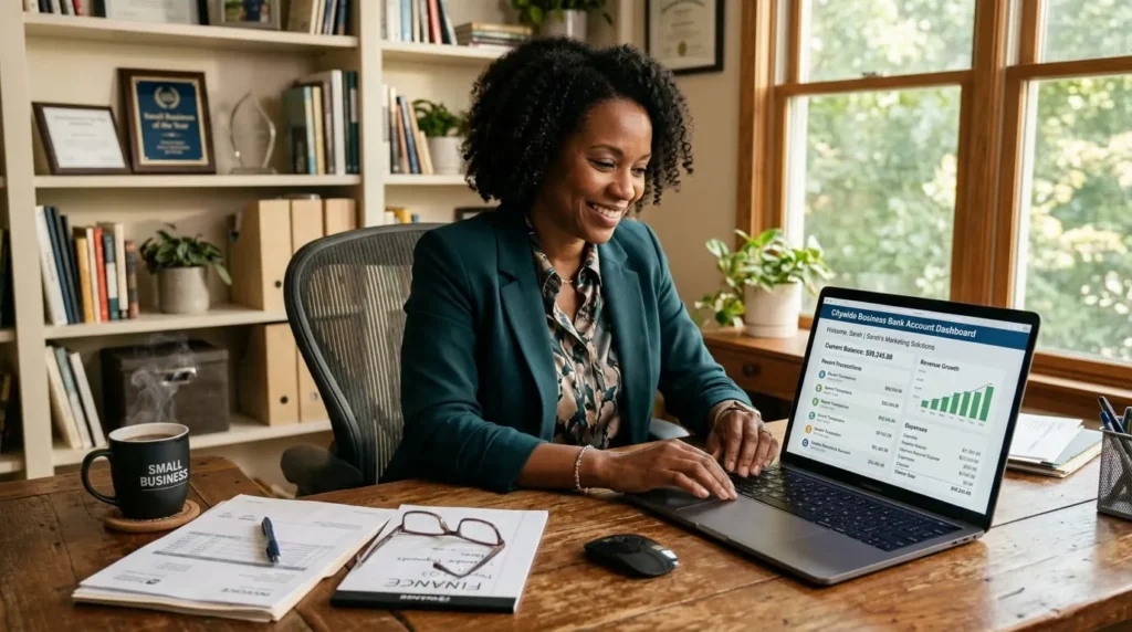 LLC owner comparing the best business bank accounts for an LLC on a laptop
