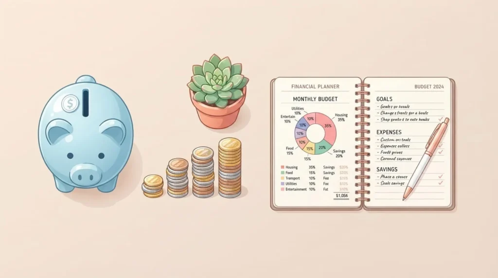 Finance Success: A Practical Guide to Building Wealth 2 Flat-lay of piggy bank, coins, and budget notebook representing financial planning tools