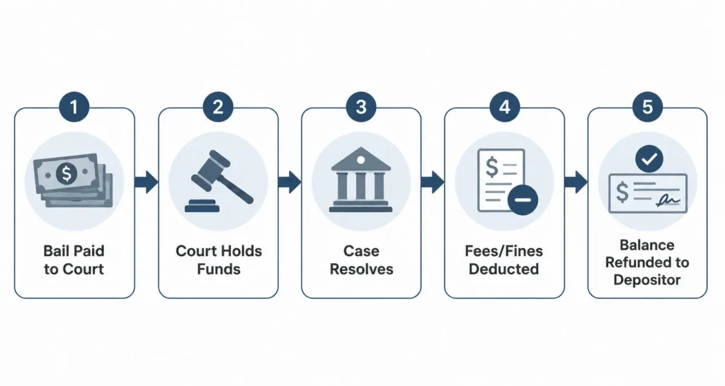 Do You Get Bail Money Back? What Actually Determines It 2 Flowchart showing how cash bail money moves from payment to refund: paid to court, held during case, fees deducted, balance returned to depositor