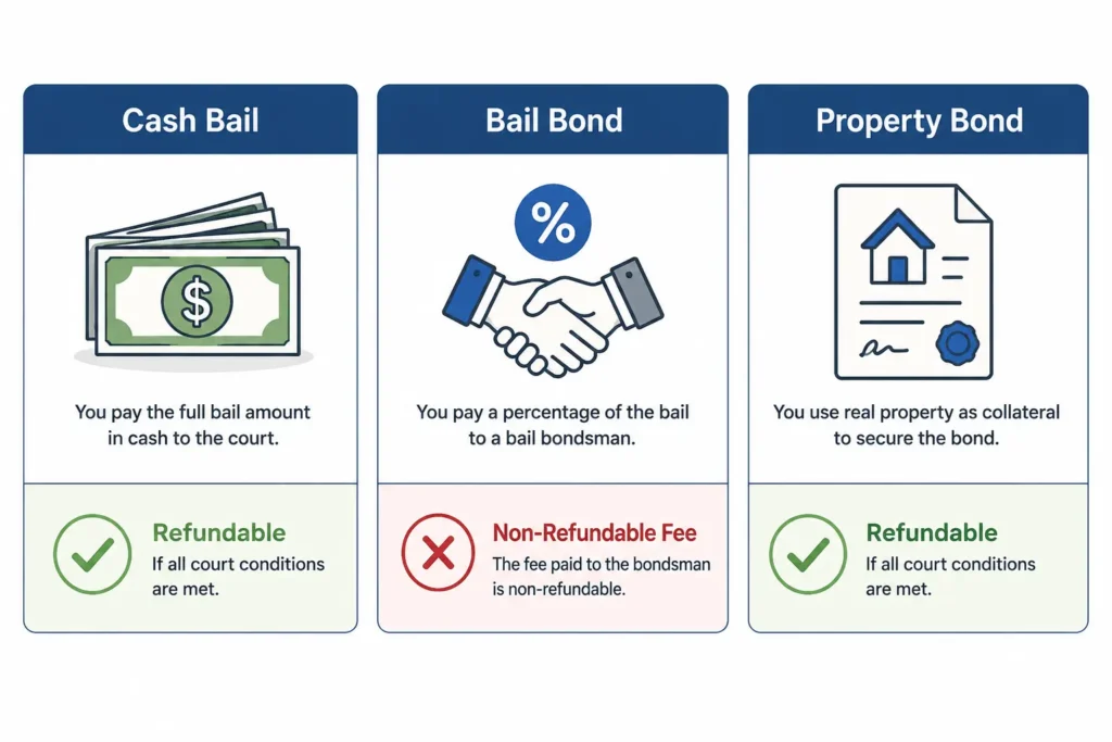 Do You Get Bail Money Back? What Actually Determines It 3 Comparison graphic showing refund outcomes for cash bail, bail bond, and property bond, with cash bail and property bonds marked refundable and bail bond premiums marked non-refundable