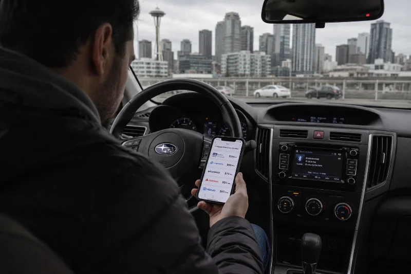 Driver comparing cheap car insurance quotes in Seattle