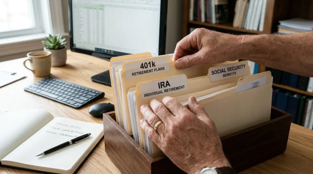 Labeled folders representing different accounts used in retirement planning