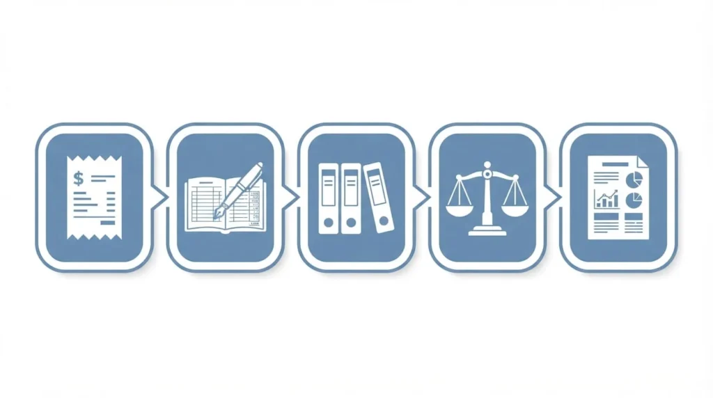 Flowchart showing the double-entry accounting process from transaction to journal entry, general ledger, trial balance, and financial statements