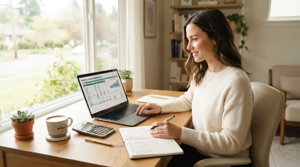 Finance Success: A Practical Guide to Building Wealth 3 Person reviewing monthly budget on laptop with notebook and calculator for finance success