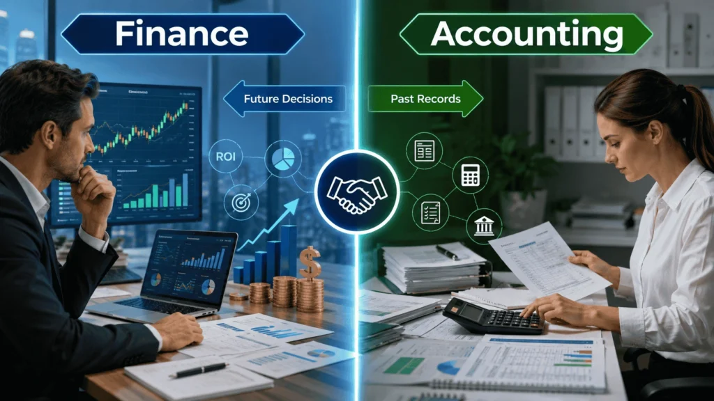 Side-by-side comparison of finance and accounting showing investment forecasting, financial analysis, bookkeeping, financial statements, and business reporting in a modern corporate office.