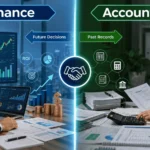 Side-by-side comparison of finance and accounting showing investment forecasting, financial analysis, bookkeeping, financial statements, and business reporting in a modern corporate office.