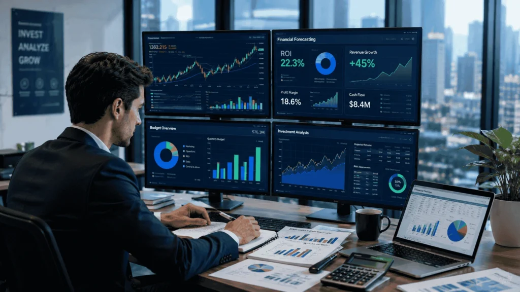 Financial analyst reviewing investment forecasting dashboards, ROI calculations, budgeting software, stock market charts, and financial planning reports using multiple monitors.
