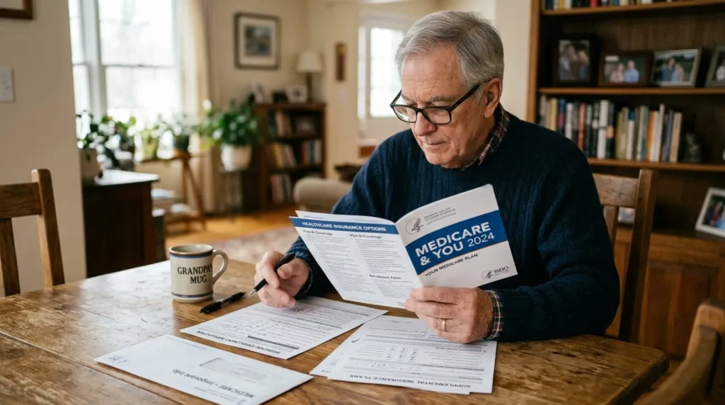 Reviewing healthcare and Medicare paperwork as part of retirement planning