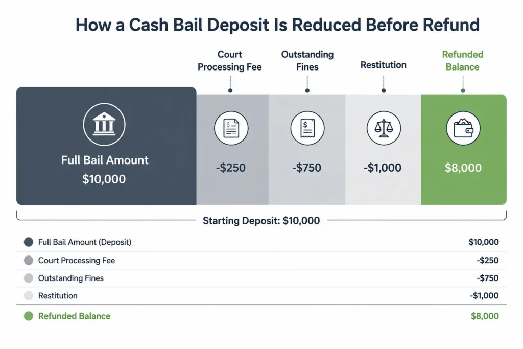 Do You Get Bail Money Back? What Actually Determines It 4 Chart showing how court processing fees, fines, and restitution are deducted from a cash bail deposit before the remaining balance is refunded