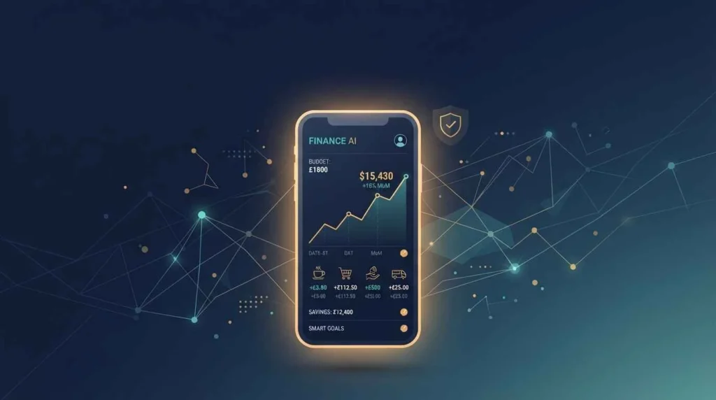 AI personal finance app dashboard showing categorized transactions next to a projected savings rate chart