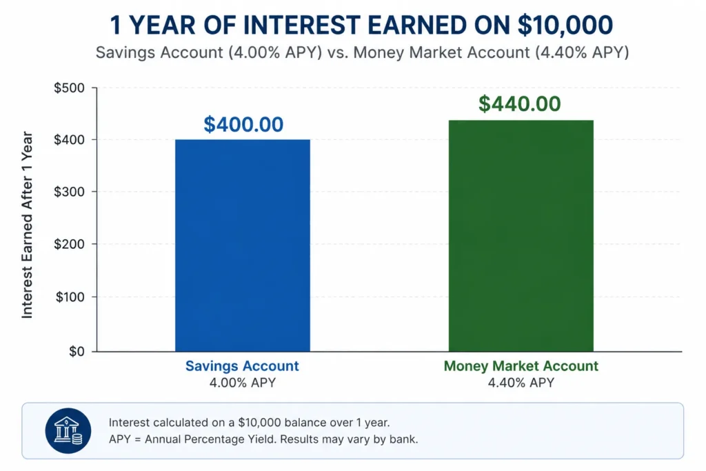 Bar chart comparing one year of interest earned on a $10,000 balance at 4.00% APY in a savings account ($400) versus 4.40% APY in a money market account ($440).