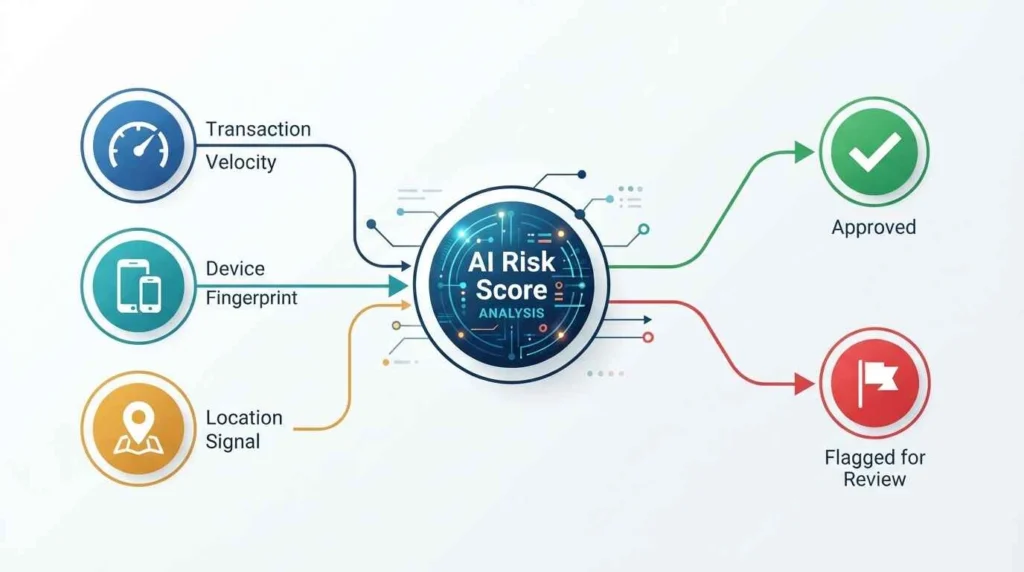 Diagram showing an AI fraud detection system checking a transaction against velocity, device, and location signals in real time