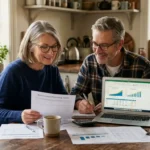 Couple reviewing documents while working through retirement planning at their kitchen table
