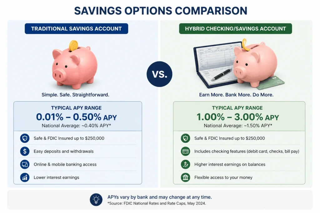 Comparison graphic showing a piggy bank icon for a traditional savings account and a hybrid checkbook-and-piggy-bank icon for a hybrid checking and savings account with typical APY ranges displayed for each.