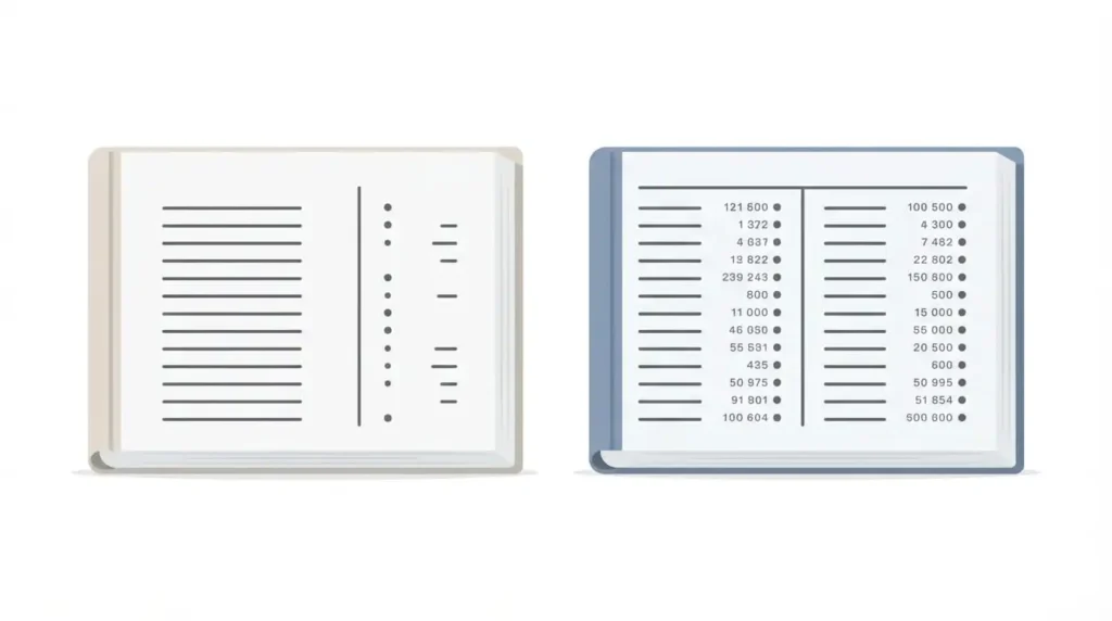 Side-by-side comparison of single-entry cash log and double-entry ledger showing debit and credit columns in double-entry accounting