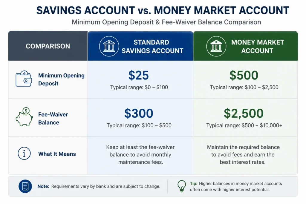 Side-by-side table comparing the minimum opening deposit and fee-waiver balance for a standard savings account and a money market account.
