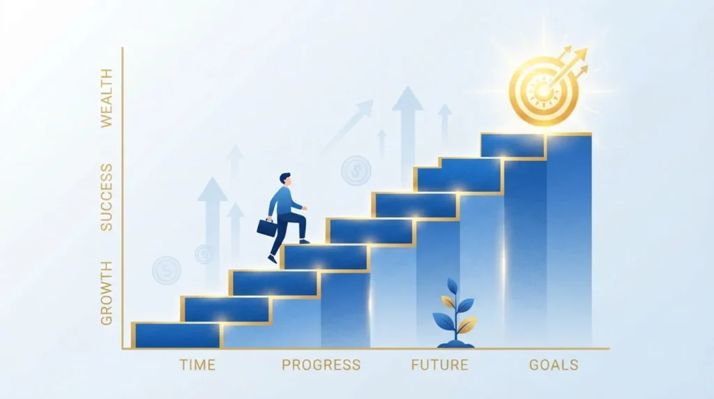 Finance Success: A Practical Guide to Building Wealth 1 Illustration of person climbing upward graph steps symbolizing long-term investment growth