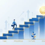 Illustration of person climbing upward graph steps symbolizing long-term investment growth