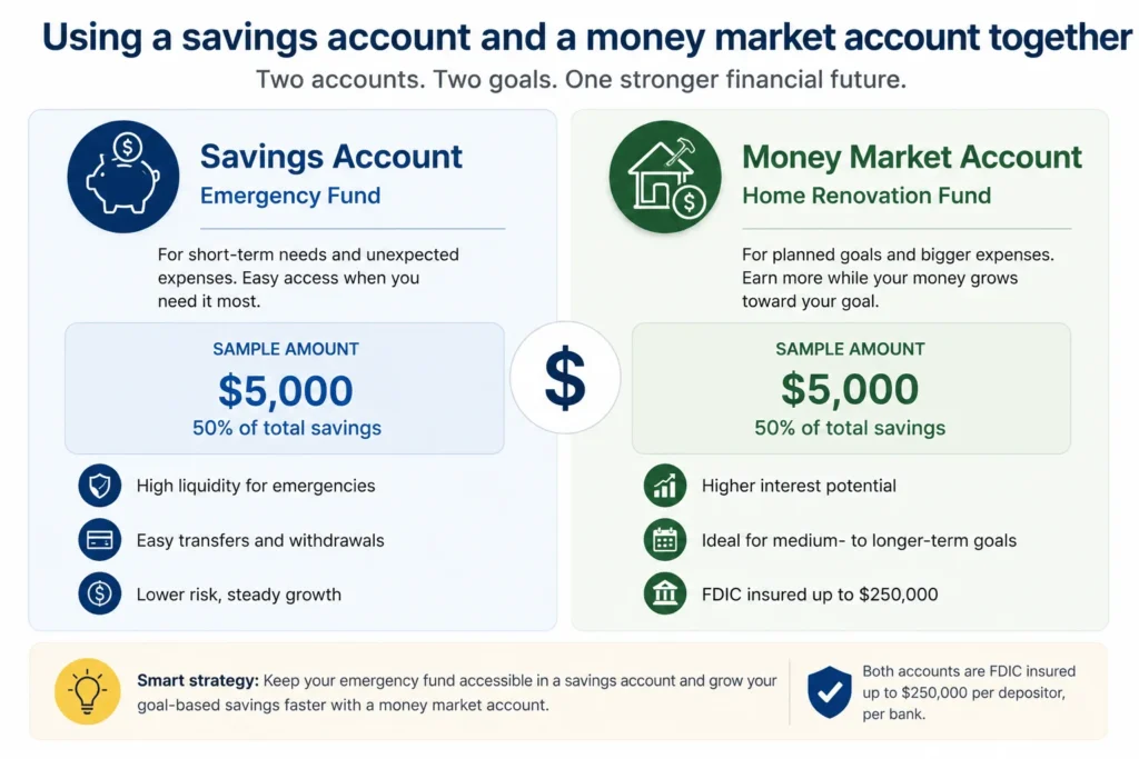 Example infographic showing how savings can be split between a savings account for an emergency fund and a money market account for a home renovation fund, with dollar icons representing each goal.