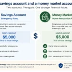 Example infographic showing how savings can be split between a savings account for an emergency fund and a money market account for a home renovation fund, with dollar icons representing each goal.