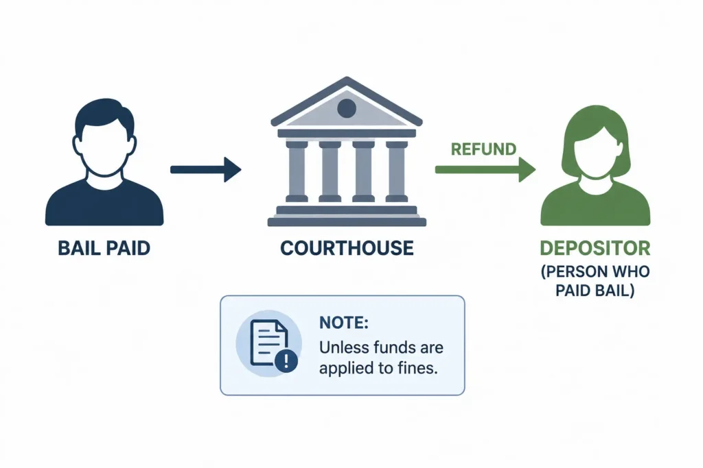 Do You Get Bail Money Back? What Actually Determines It 1 Diagram showing that bail refunds go to the person who deposited the bail money, not necessarily the defendant, unless funds are applied to fines