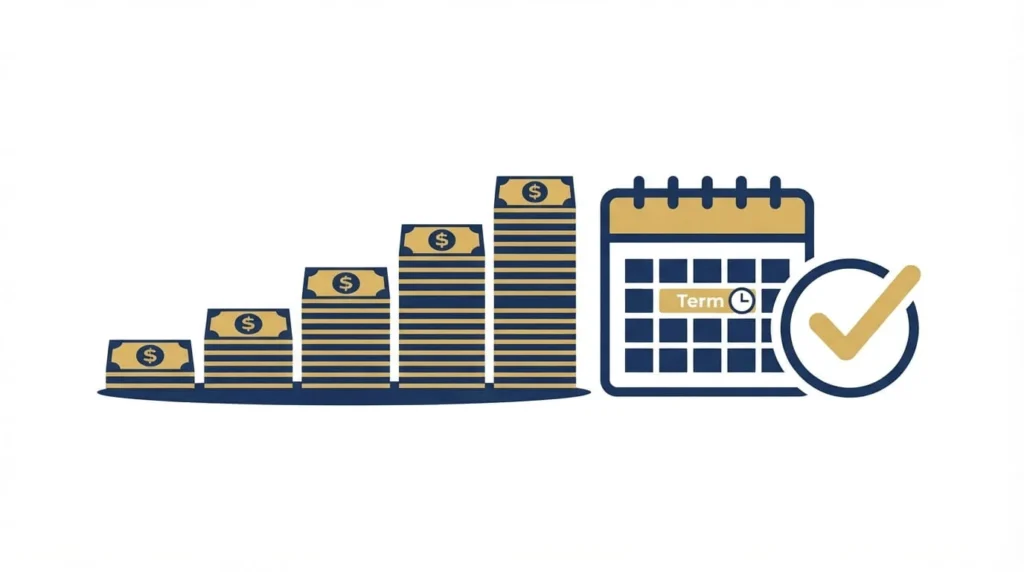Infographic showing World Finance loan details: amounts from $450 to $12,000, repayment terms up to 48 months, origination fee of $25 to $100, late fee up to $30, and no prepayment penalty