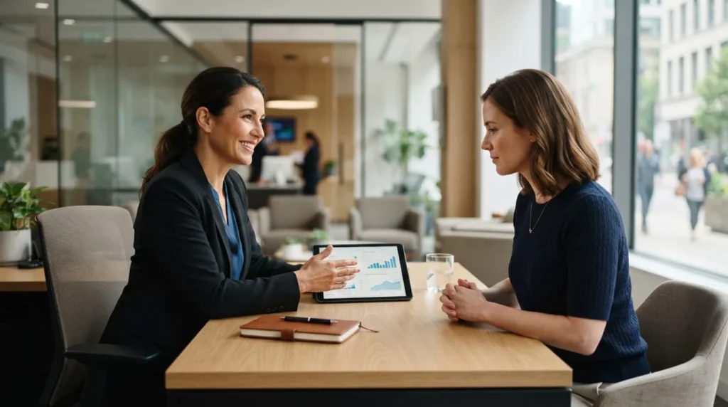 Illustration of a financial advisor helping a customer apply for a personal installment loan at a branch office desk