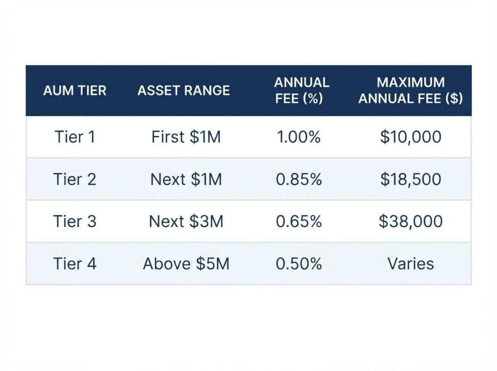 Table showing a four-tier graduated AUM fee schedule for financial advisors, from 1.00% to 0.50%