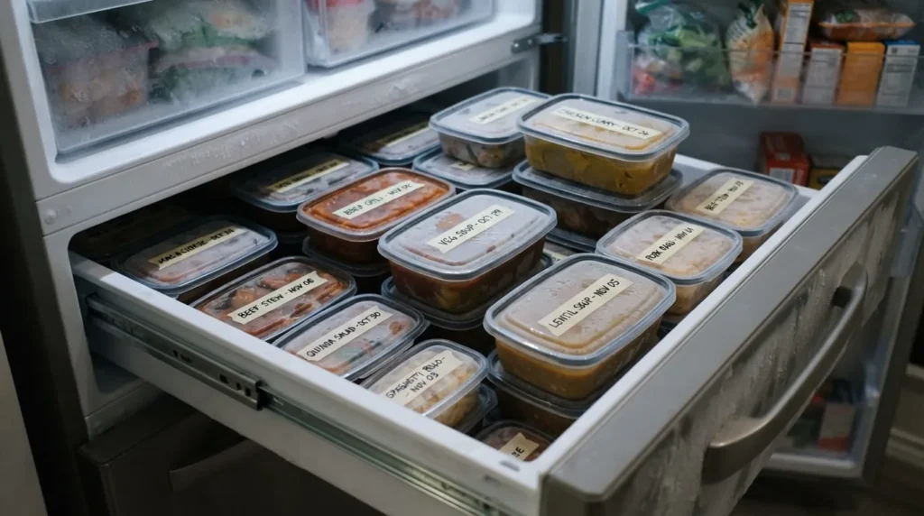 Labeled meal-prep containers stacked in a freezer for budget batch cooking