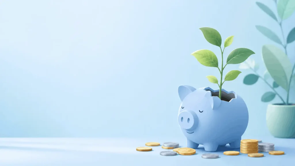 "Illustration of a plant growing from a piggy bank, representing the benefits of a savings account"