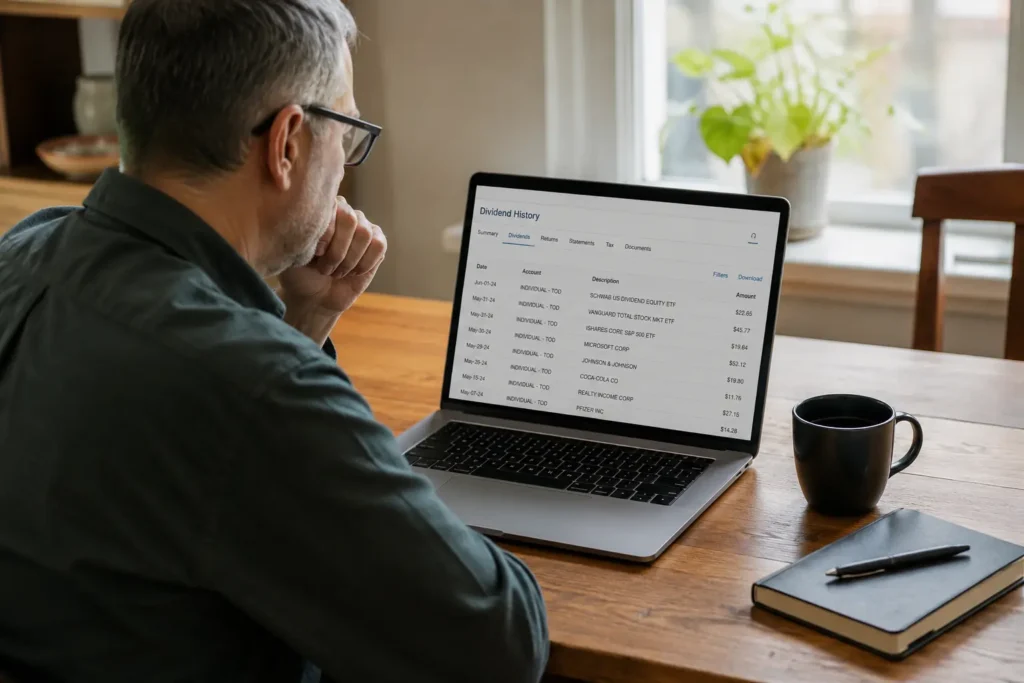 Investor reviewing best monthly dividend stocks on a laptop