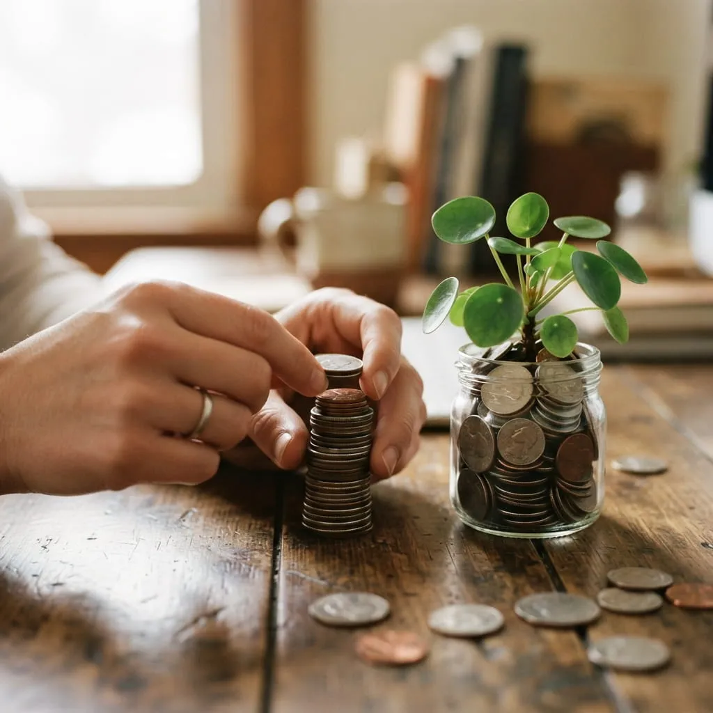 The Difference Between Rich and Wealthy 3 Hands stacking coins beside a growing plant, symbolizing how to build wealth over time