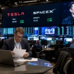 Trading floor screens tracking Tesla and SpaceX stock, illustrating how much money Elon Musk makes a second