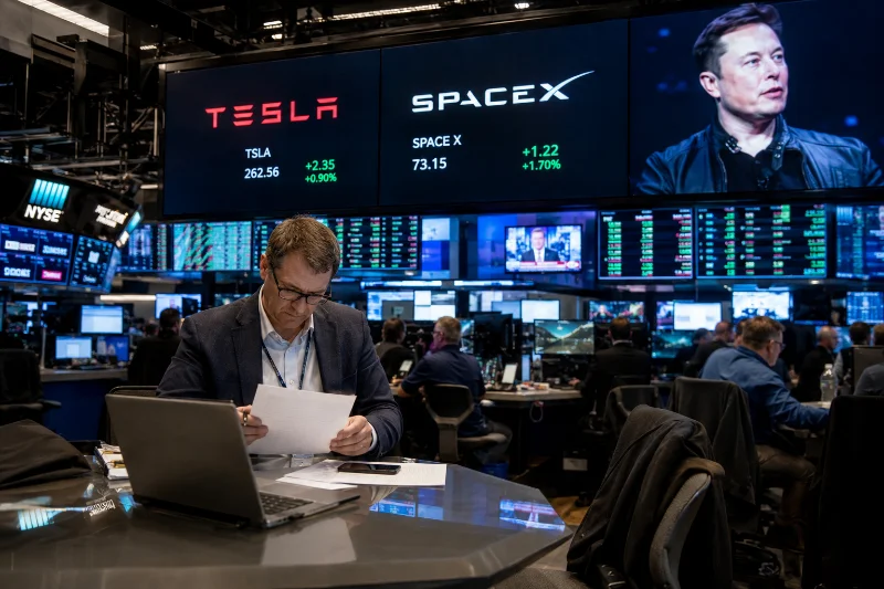 How Much Does Elon Musk Make a Second? (2026) 1 Trading floor screens tracking Tesla and SpaceX stock, illustrating how much money Elon Musk makes a second