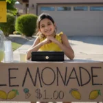 kid making money as a kid selling lemonade at a driveway stand