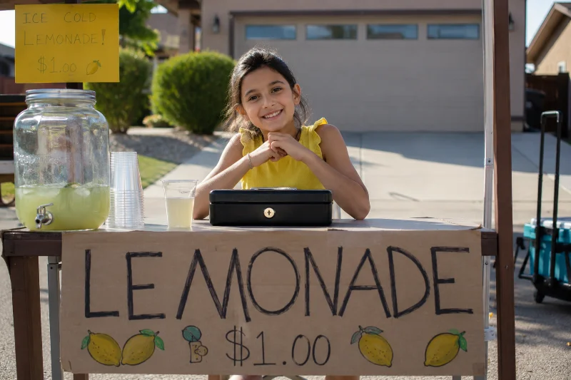 How to Make Money as a Kid: 15 Ideas That Work 1 kid making money as a kid selling lemonade at a driveway stand