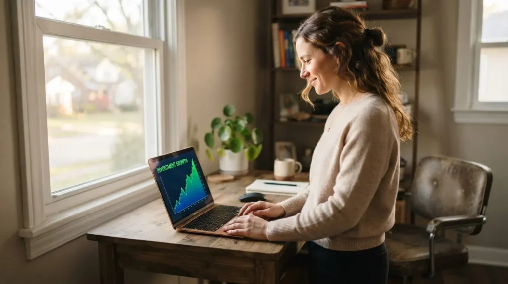 Person reviewing investment growth on a laptop, illustrating the difference between rich and wealthy