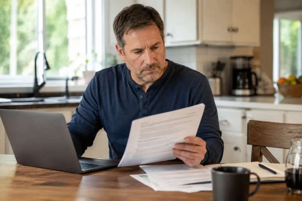 Average Homeowners Insurance Cost in the U.S. (2026) 1 homeowner reviewing average homeowners insurance cost documents at home