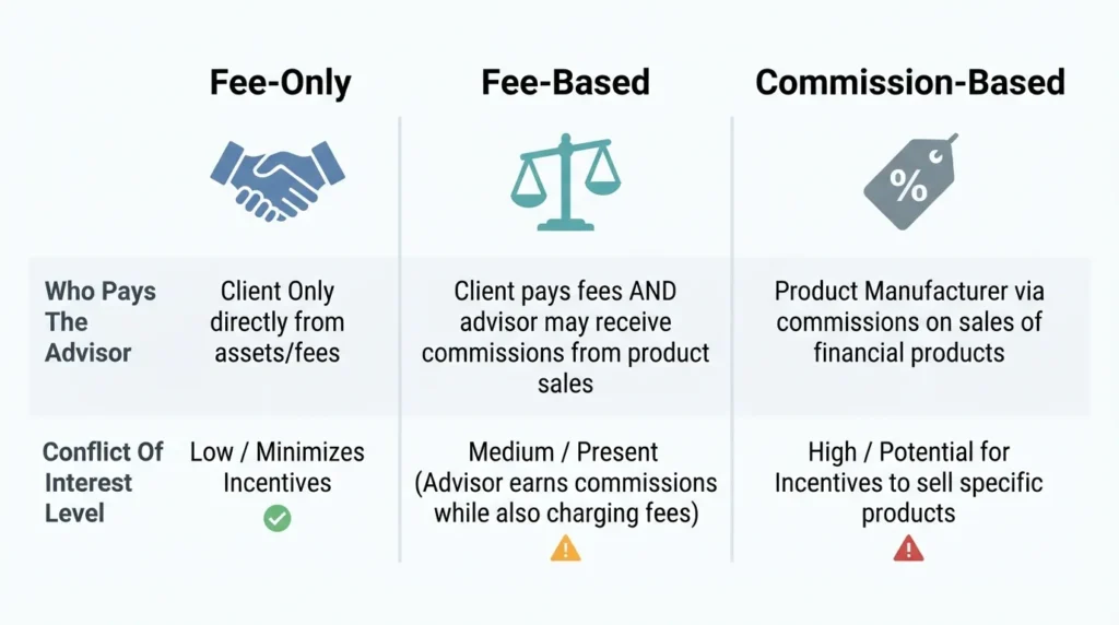 Comparison chart of fee-only, fee-based, and commission-based financial advisors and how each is paid