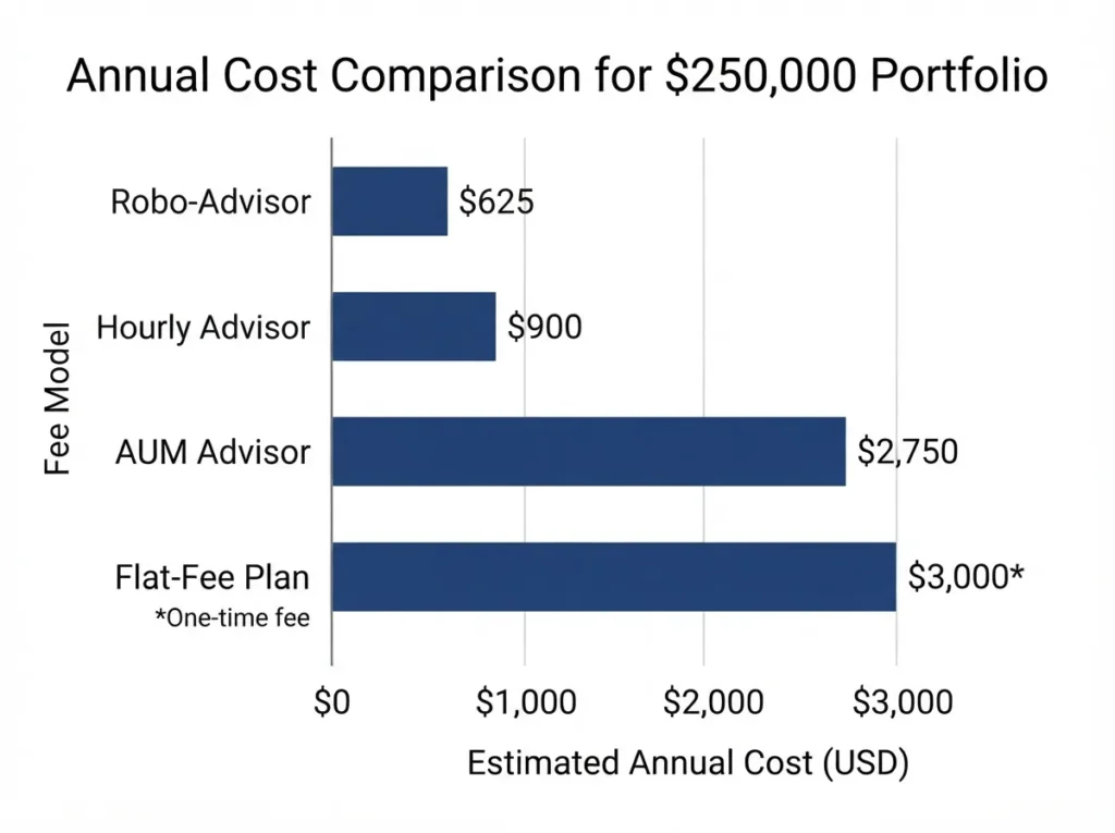 Bar chart comparing annual financial advisor costs for a $250,000 portfolio across AUM, flat-fee, hourly, and robo-advisor models