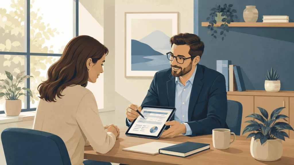 Financial advisor and client reviewing a fee schedule together to understand how financial advisors get paid