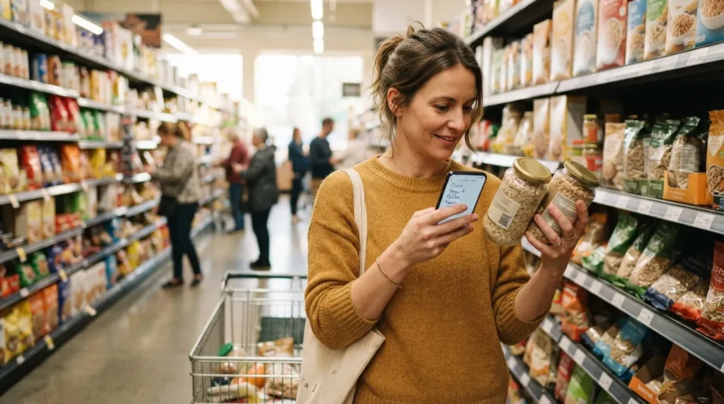 Woman comparing grocery prices with a shopping list to save money on groceries