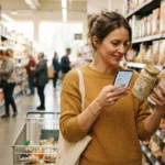 How To Save Money On Groceries: 15 Practical Tips That Actually Work 6 Woman comparing grocery prices with a shopping list to save money on groceries