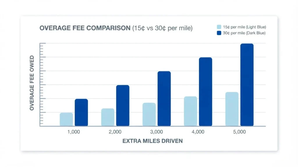 Lease VS Finance Car: Which Option Actually Costs Less 2 Chart showing lease mileage overage fees from 15 to 30 cents per extra mile driven