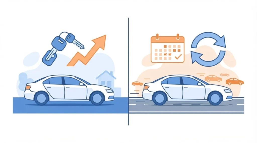 Illustration comparing leasing a car versus financing a car, showing ownership versus flexibility