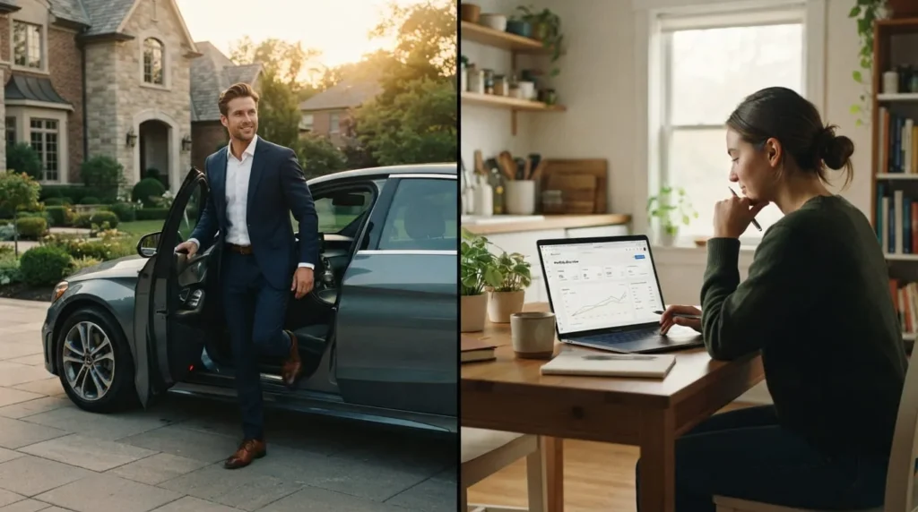 The Difference Between Rich and Wealthy 2 Split scene comparing a rich lifestyle built on spending with a wealthy lifestyle built on investing