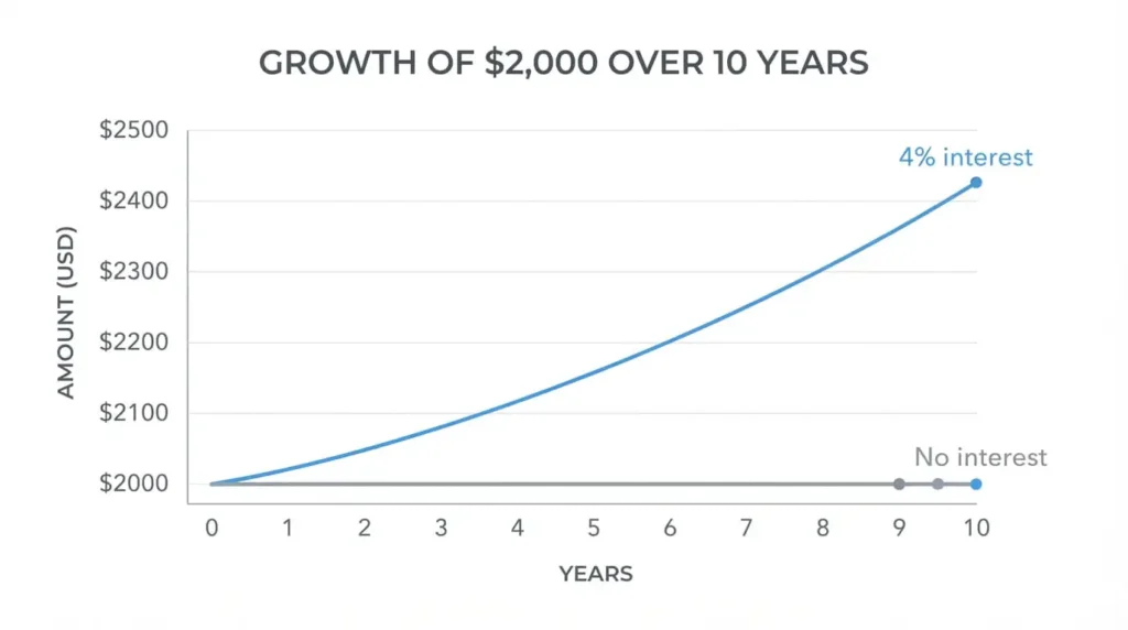 Benefits of a Savings Account 2 "Chart showing how a $2,000 savings account balance grows to $2,433 over 10 years at 4% interest"