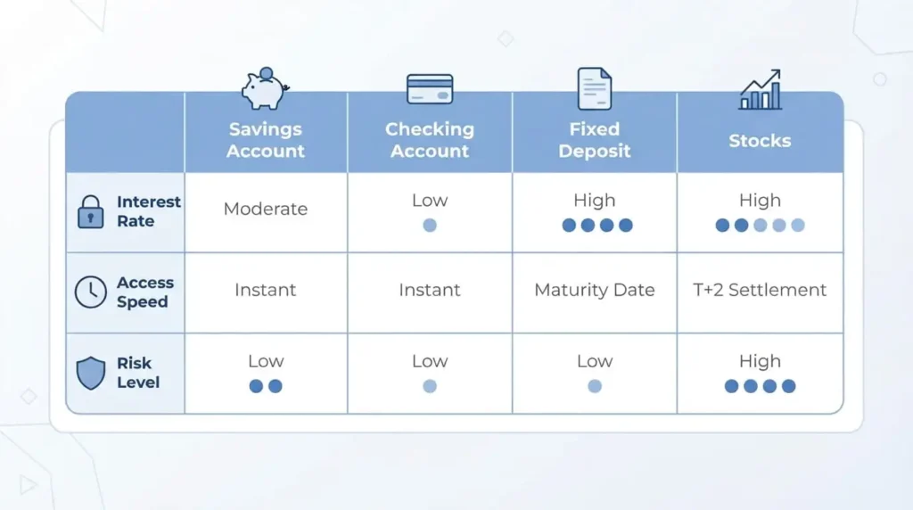 Benefits of a Savings Account 3 "Comparison table of savings account, checking account, fixed deposit, and stocks by interest rate, access speed, and risk level"