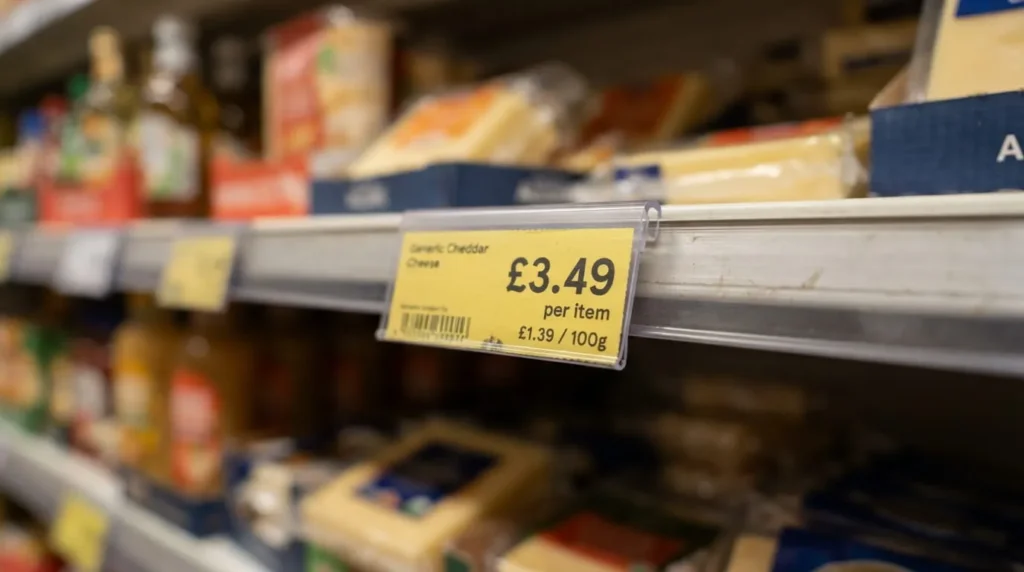 Close-up of a supermarket shelf tag showing item price and unit price per 100g